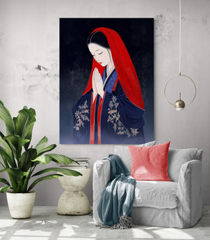 Artwork hung on a light-colored wall. A white chair with a colorful cushion, green plant, and coffee table, creating a serene and bright setting.