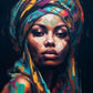 Détails captivants du tableau d'art africain, dévoilant la finesse du colorisme saturé et l'élégance du style Bamiléké