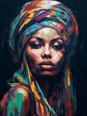 Captivating details of the African art painting, revealing the finesse of saturated colorism and Bamileke style elegance