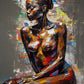 pose de femme nue Africaine, mise en valeur par la peinture à l'huile et le couteau à palette, dans toute sa splendeur.