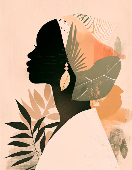 tableau déco boho chic, art Boho, illustrations femme africaine, couleurs douces, formes organiques, sur une texture de papier,