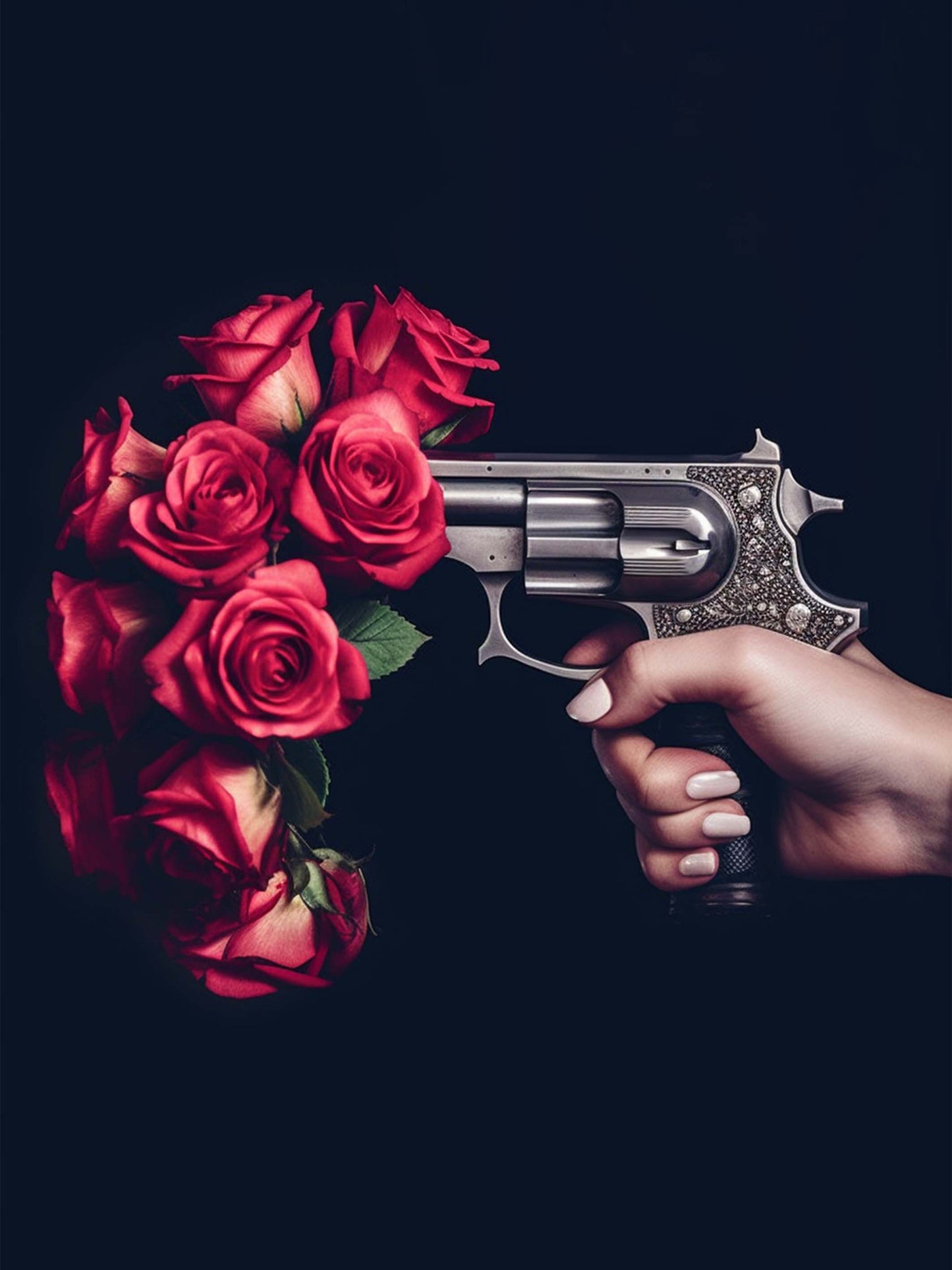 Tableau Revolver : une main surgit du noir, presse la gâchette d'un pistolet d'où s'échappent non des balles, mais des roses éclatantes.