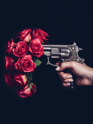 Revolver Canvas: a hand emerges from darkness, pulls the trigger of a gun from which vibrant roses escape.