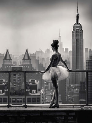 Black and white photo, dancer, skyscraper.