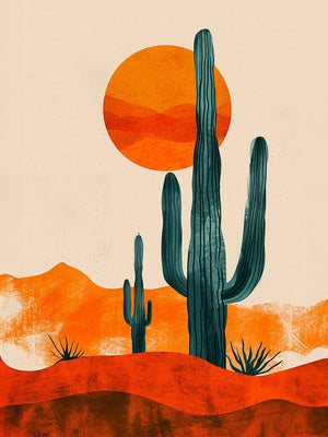 Painting of a cactus under a round, bright sun with dominant warm tones.