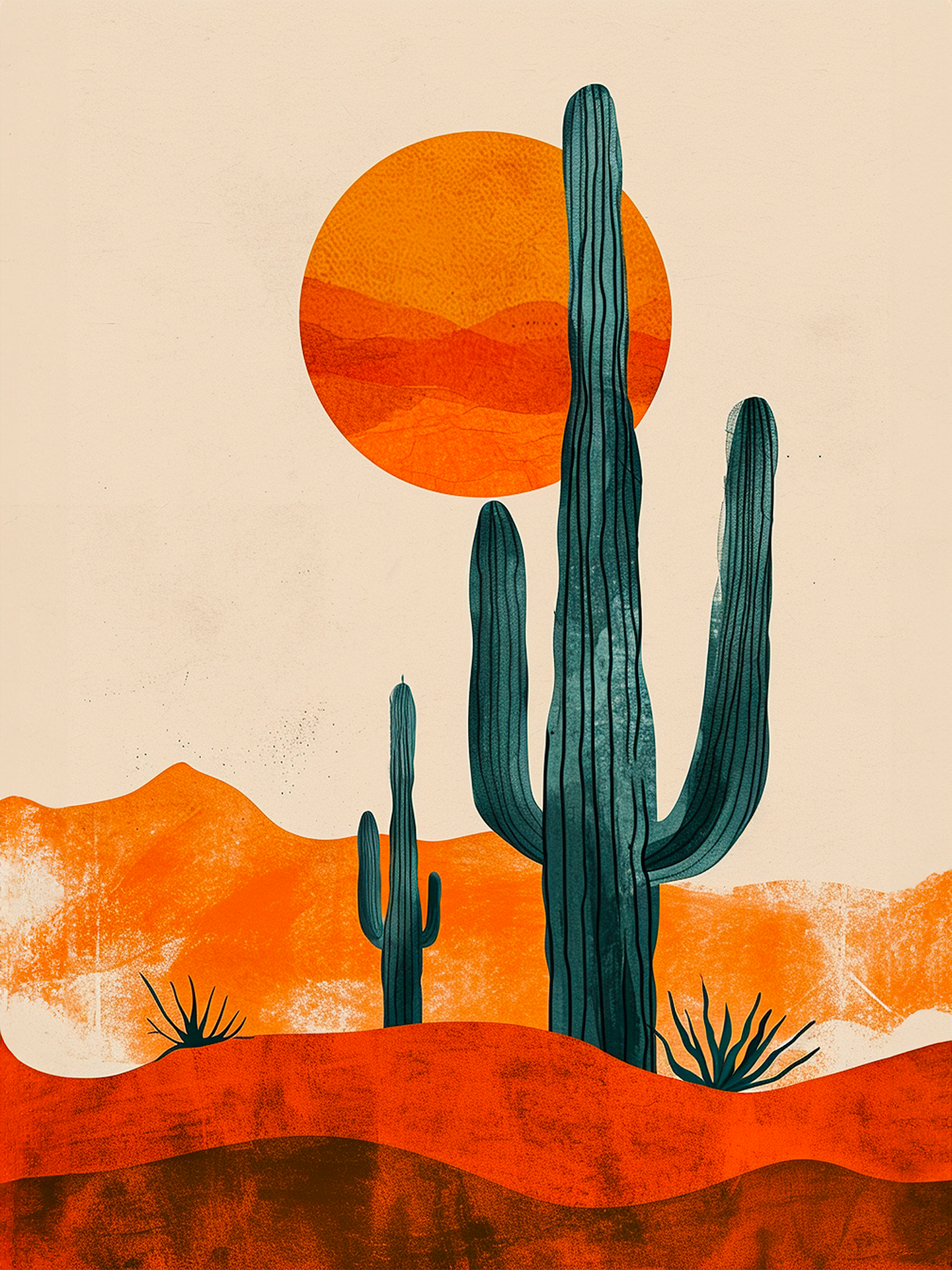 Tableau d'un cactus élevé sous un soleil rond et brillant, tons chauds dominants.