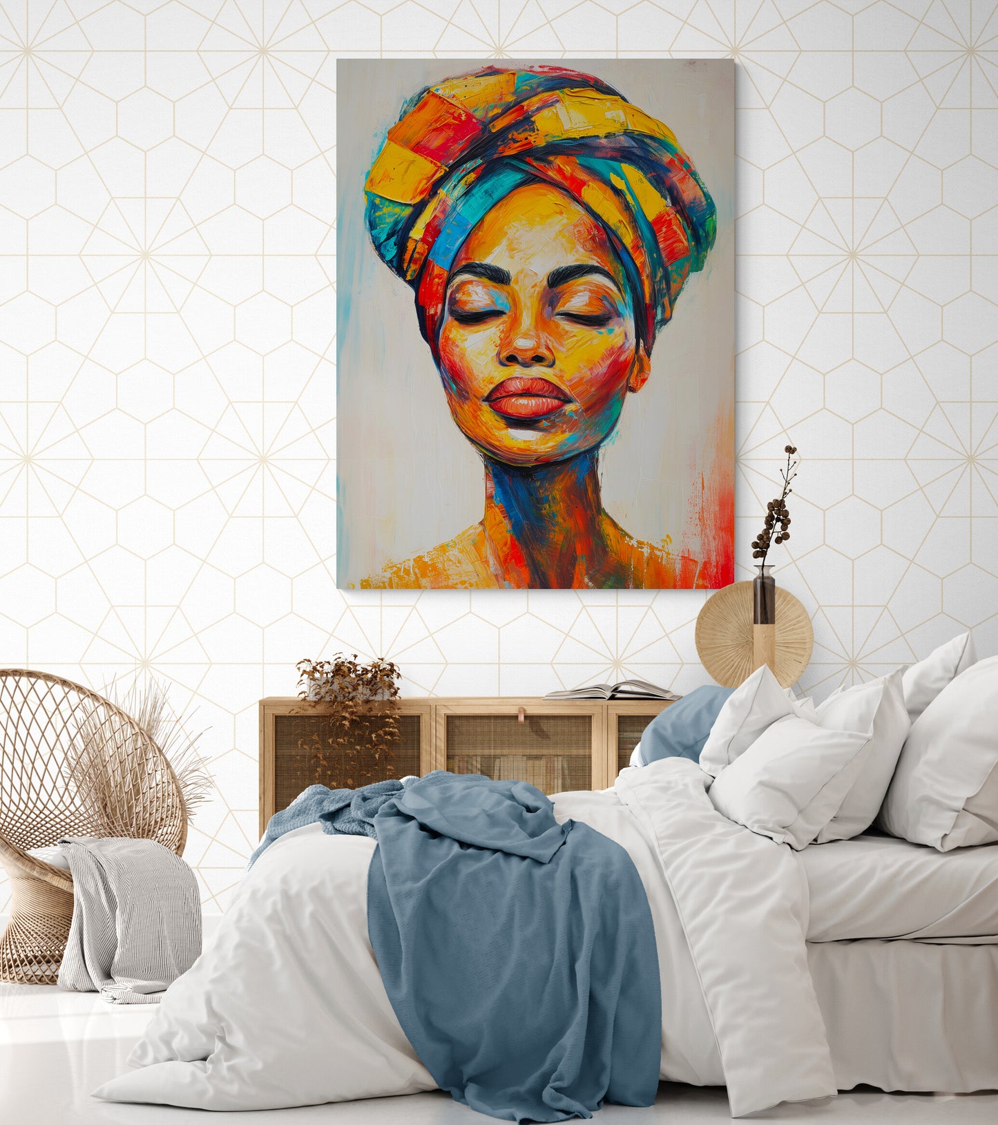 Peinture vive de femme au turban dans une chambre lumineuse et aérée.