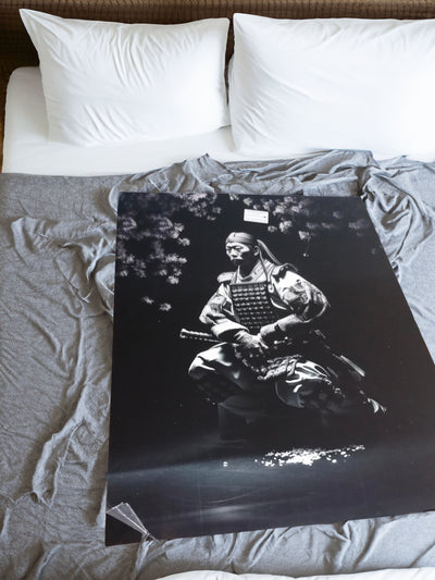 black and white plexiglass painting of samurai and cherry blossom