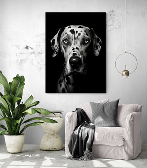 black and white dog canvas in a simple modern living room