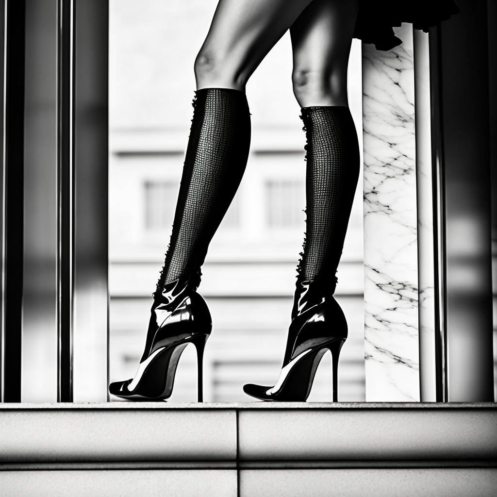 Élégantes jambes chaussées de hauts talons, capturées en noir et blanc dans une photo glamour