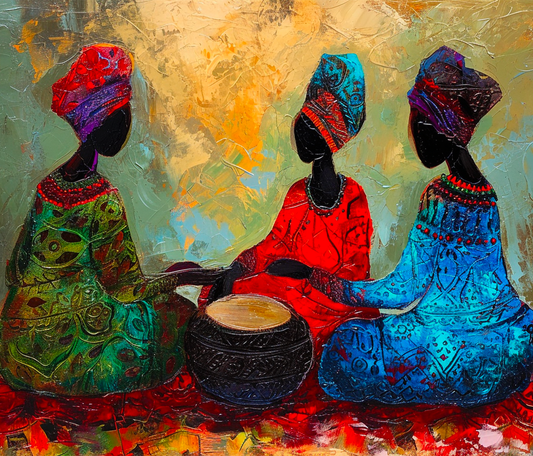 toile, 3 femmes africaines, style peinture, coloré, rouge bleu et vert