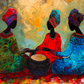 toile, 3 femmes africaines, style peinture, coloré, rouge bleu et vert