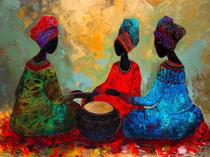 canvas, 3 African women, painting style, colorful, red blue and green
