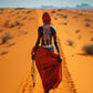 tableau femme de tribu ethnique traversant les dunes de sable orange, capturant l'esprit envoûtant du désert et la grâce de la culture africaine.