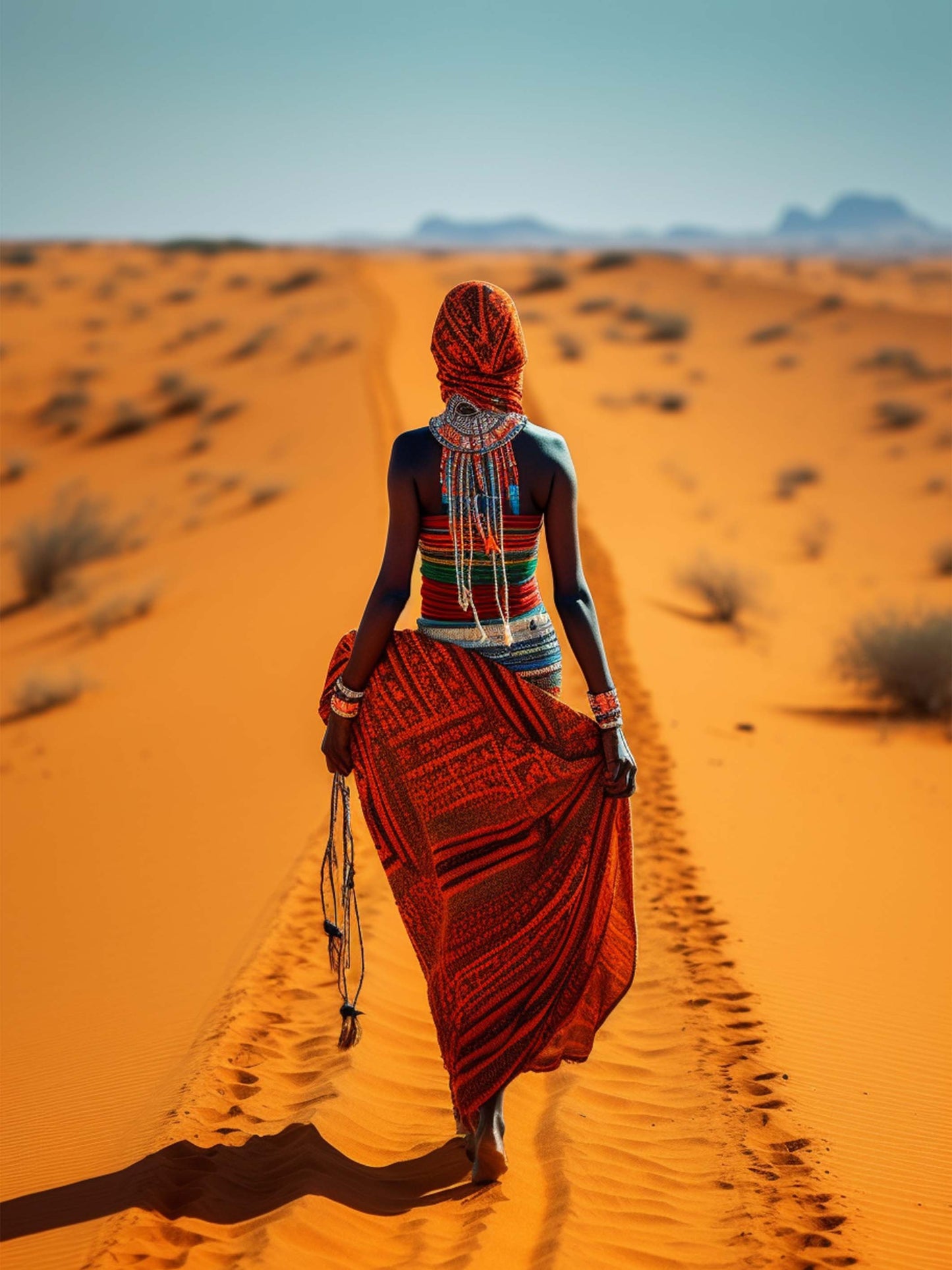 tableau femme de tribu ethnique traversant les dunes de sable orange, capturant l'esprit envoûtant du désert et la grâce de la culture africaine.