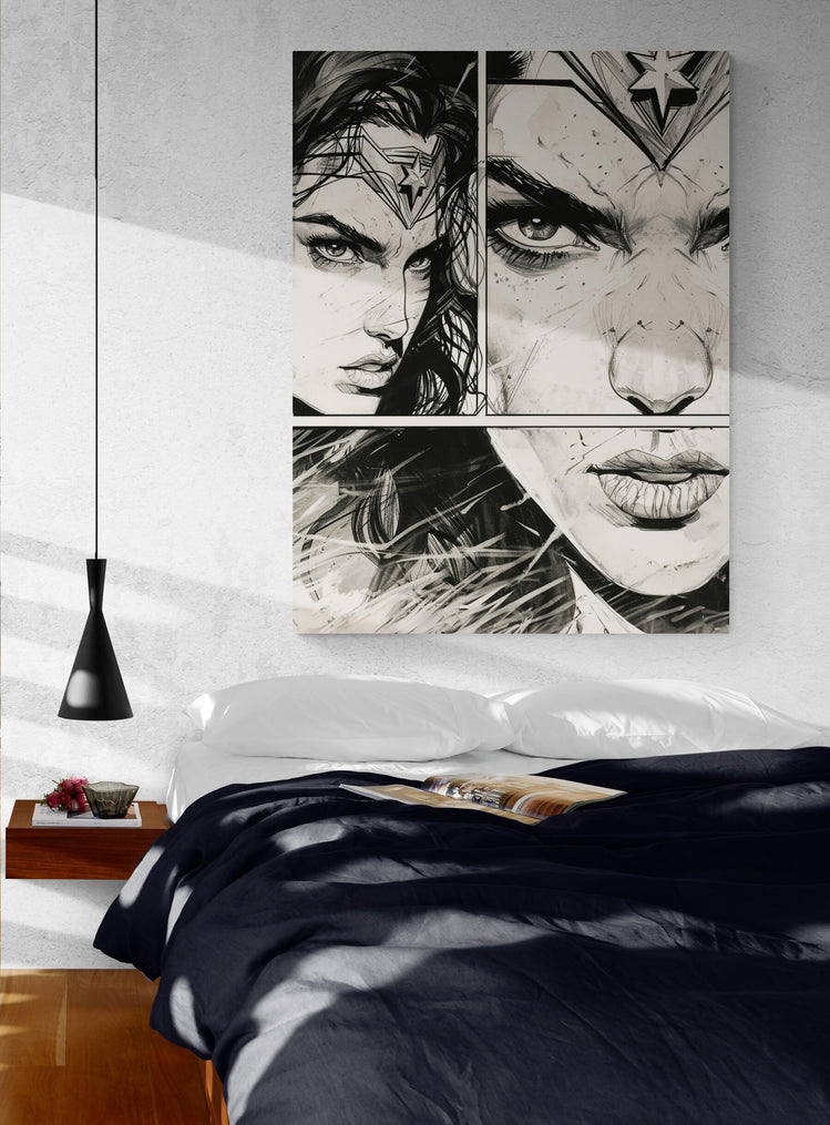 Chambre élégante avec tableau de Wonder Woman au-dessus du lit.