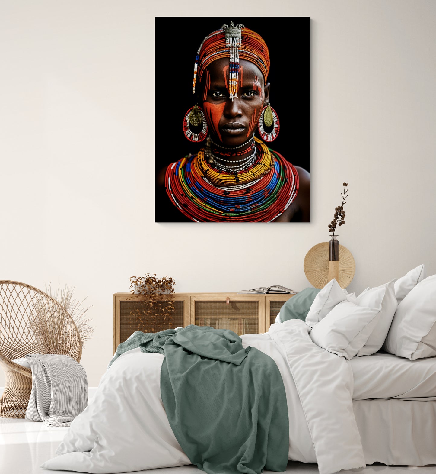 Tableau  portrait photo ethnique Africaine" dans une chambre adulte avec des matières naturelles et des couleurs douces.