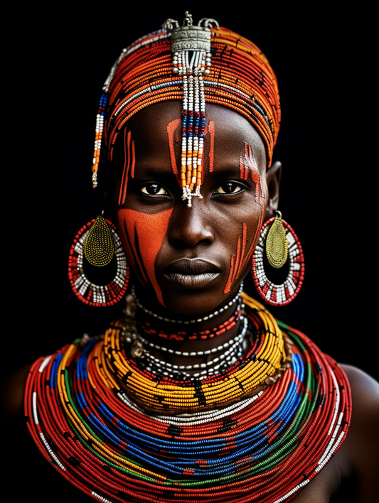 portrait art deco tableau ethnique femme africaine perles rouges