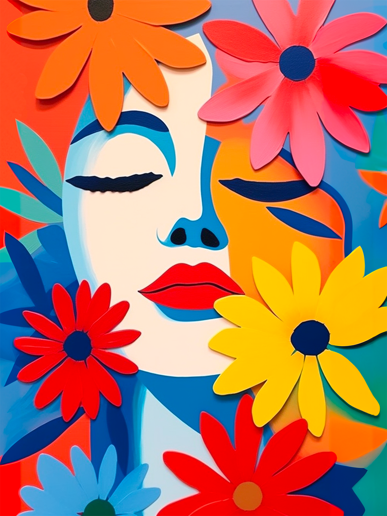 Illustration vibrante d'une femme parmi un bouquet multicolore, captivant le regard