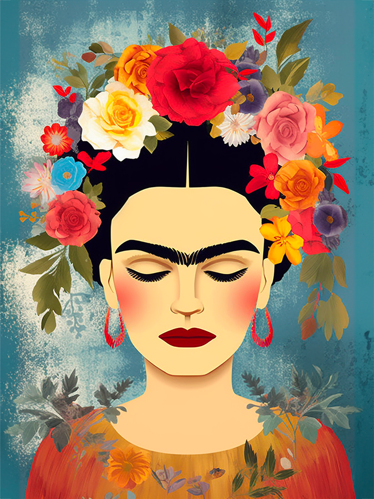 Tableau Frida Kahlo à fleurs décrivant le visage iconique de l'artiste en couronne florale