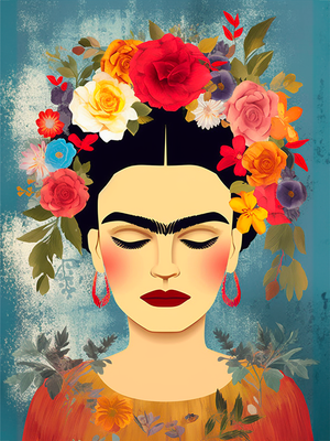 Frida Kahlo floral canvas depicting the iconic artist's face with a floral crown