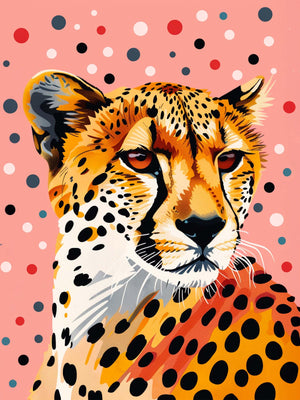 leopard canvas, drawing style, pink background with red, white, black, and blue spots.