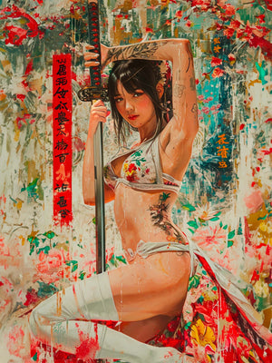 Realistic illustration of sexy Japanese female warrior with sword