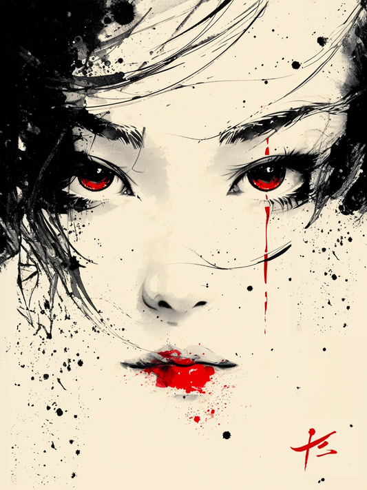 Tableau de geisha détaillé avec yeux rouges et lèvres écarlates sur fond noir et blanc.