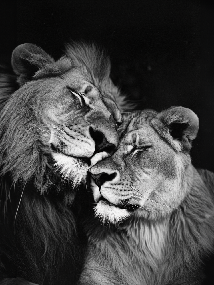 Photographie noir et blanc d'un lion et lionne qui s'enlacent
