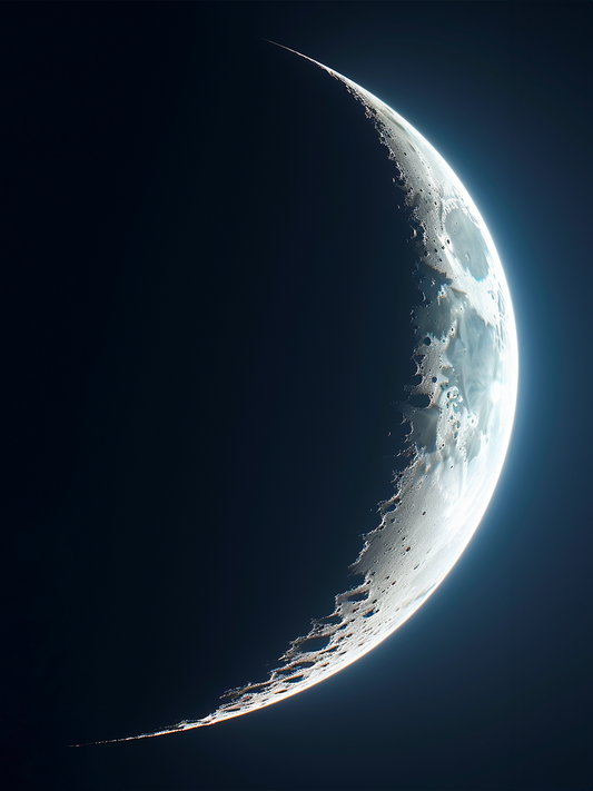 toile photographie : Une lune partielle avec une très légère phase de lune, dans le style du blanc clair et du bleu marine foncé