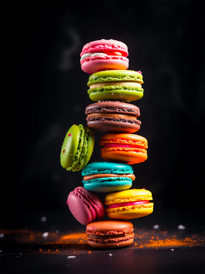 colorful macarons artwork on dark background