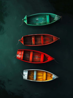 colorful boats on lake canvas, yellow, red, and green.