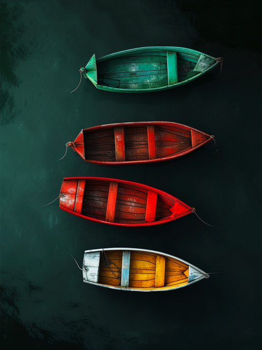 toile barques colorés sur l'eau, jaune, rouge et vert.