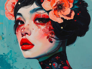 Modern painting of a woman with glowing poppies and watercolor accents.