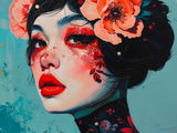  Peinture moderne d'une femme avec des coquelicots rougeoyantes et des éclats d'aquarelle.