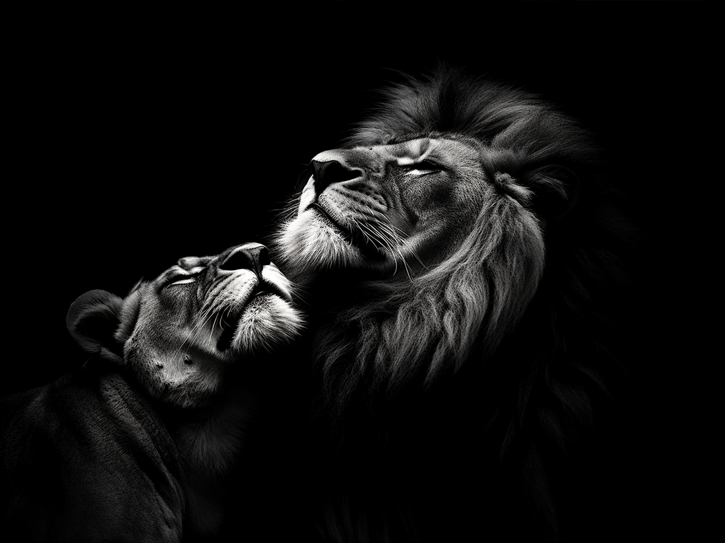 Photographie en noir et blanc d'une lionne et d'un lion dans un moment intime plein d'émotion