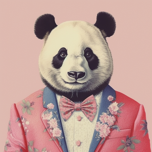 Un panda anthropomorphique en costume rose, parfait pour apporter un sens du style et de l'humour à n'importe quel espace intérieur