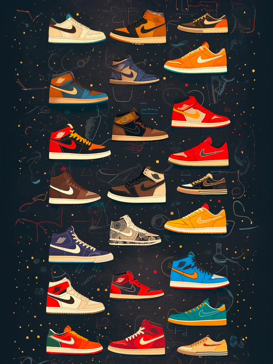Tableau décoratif affichant une gamme de baskets Nike Air Jordan sur fond noir étoilé.