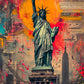 toile statue de la liberté, tâches de peintures, style street art, arrière plan ville de New York.