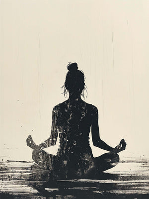 Illustration of a female silhouette sitting in lotus position, a common meditation or yoga posture