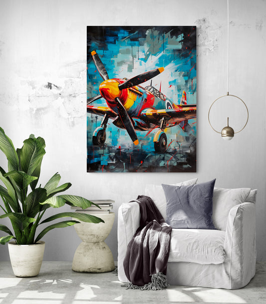 Un tableau dynamique d'un avion aux couleurs éclatantes trône fièrement dans un salon épuré.