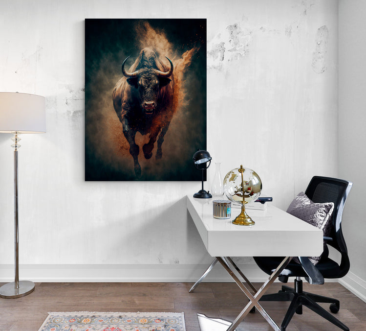 L'espace de travail s'habille d'une touche d'inspiration et de caractère avec le tableau du taureau, alliant puissance et élégance au-dessus d'un bureau moderne épuré.