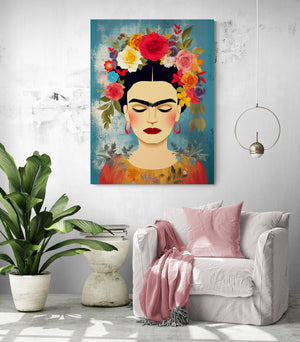 Frida Kahlo wall art illuminating a sleek white living room