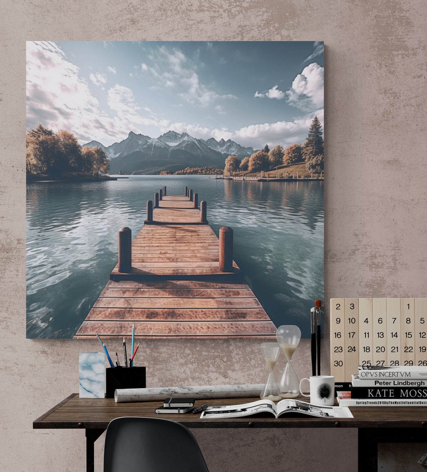 Bureau minimaliste avec un tableau paisible du lac, invitant à la productivité