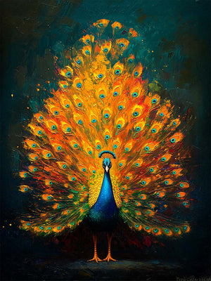 An art print illustrating a majestic peacock with its tail displayed in a vibrant burst of orange and blue shades. The plumage details appear oil-painted, offering a textured and artistic effect. This piece adds a touch of luxury to any interior.