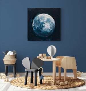 children's room, small wooden chair and tables, wooden toys, blocks, large blue wall, moon poster.