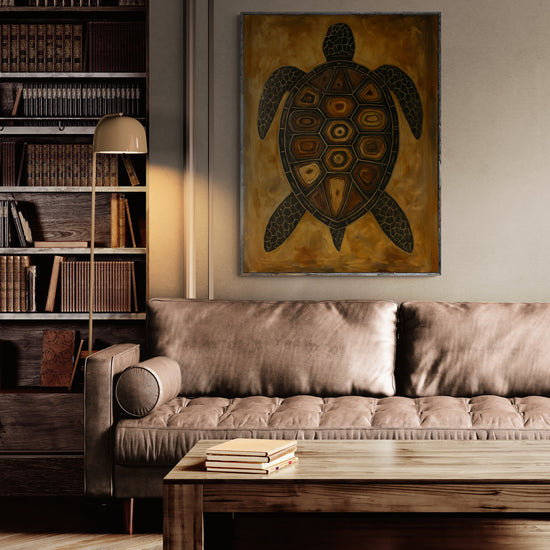 Canvas depicting a turtle with tribal designs, hanging on the wall of an elegant living room with a brown leather sofa and built-in bookshelf. The vibe is warm and refined, ideal for a cozy interior.