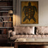 Canvas depicting a turtle with tribal designs, hanging on the wall of an elegant living room with a brown leather sofa and built-in bookshelf. The vibe is warm and refined, ideal for a cozy interior.