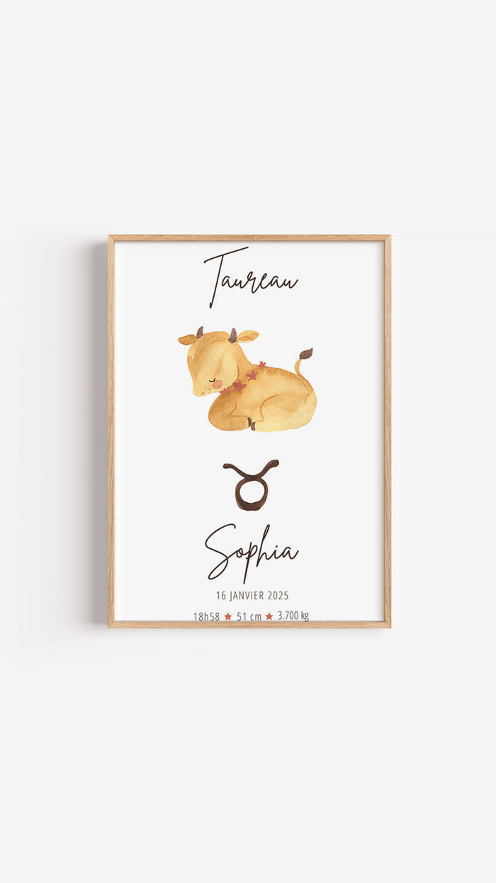 Poster astrologique Taureau personnalisé prénom naissance pour décoration chambre bébé tons doux aquarelle