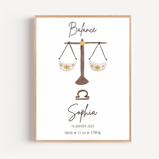 Póster signo Libra personalizado con detalles dorados para decoración de habitación infantil